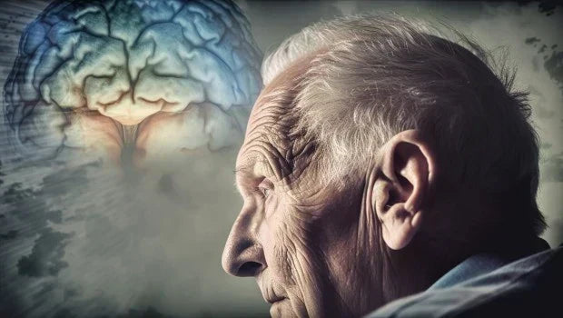 : Elderly man in deep thought with a brain illustration, representing cognitive decline and memory loss prevention. 