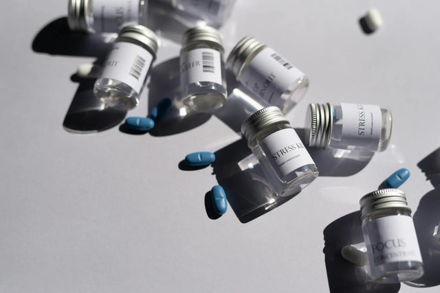 Oxidative stress supplements in white bottles with blue capsules arranged under dramatic lighting and shadows 